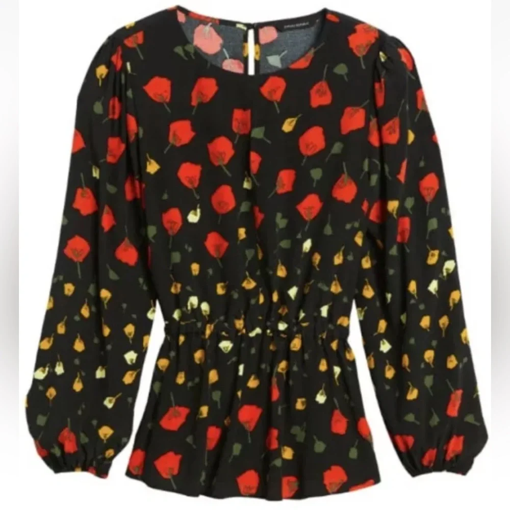 Banana Republic Dark Floral Keyhole Peplum Top Boho Rose Petal Black Red Size XL - Picture 1 of 9